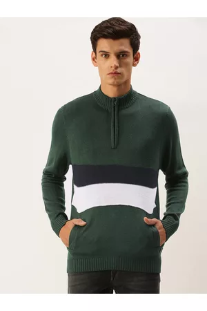 Flying Machine Men Green & White Colourblocked Acrylic Pullover Sweater