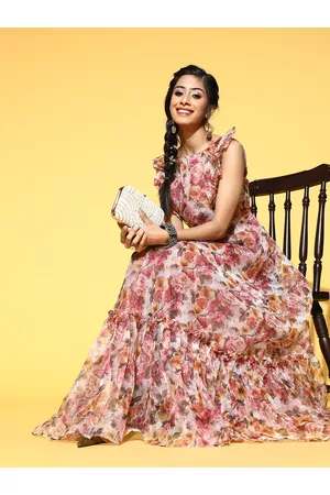 Inddus Women Multi Coloured Floral Printed Organza Maxi Dress