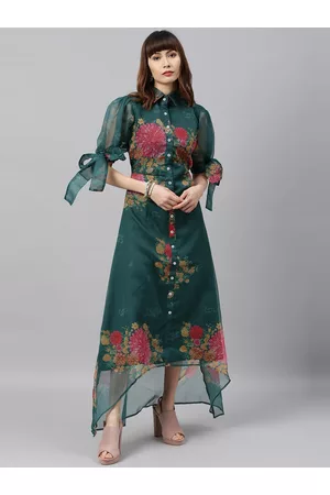 Ethnovog Green Floral Printed Fit and Flare Dress