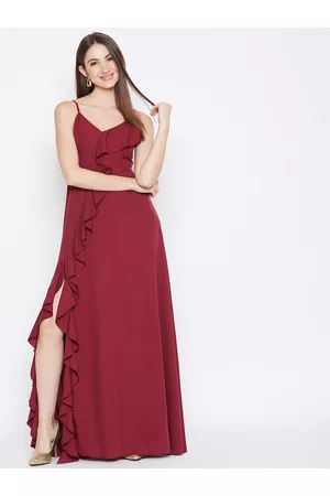 Berrylush Women Maroon Solid Ruffled Maxi Dress