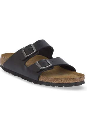 Birkenstock Arizona Soft Footbed Black Narrow Width Oiled Leather Two-Strap Sandals