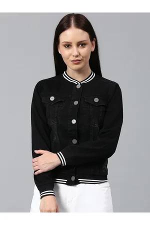 Campus Women Black Washed Striped Windcheater Crop Outdoor Denim Jacket