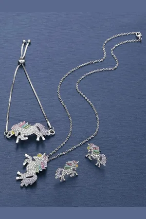 Yellow Chimes Silver-Plated Lovely Colorful Rainbow Crystal Unicorn Jewellery Set