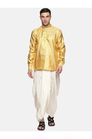 Sethukrishna Men Printed Trousers - Men Gold-Toned Ethnic Motifs Printed Angrakha Top with Dhoti Pants