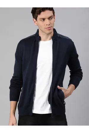 WROGN Men Navy Blue Solid Front-Open Sweater
