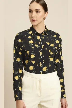 Invictus Women Black & Yellow Floral Print Drop-Shoulder Sleeves Solid Formal Shirt