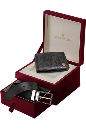 WildHorn Men Black RFID Protected Genuine Leather Wallet & Belt Accessory Gift Set