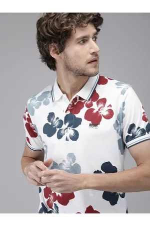 Pepe Jeans Men White & Blue Floral Printed Polo Collar Pure Cotton T-shirt