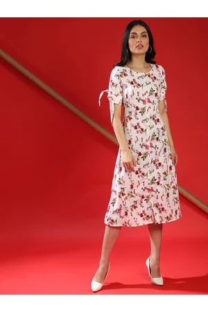 Campus White & Red Floral Net A-Line Midi Dress