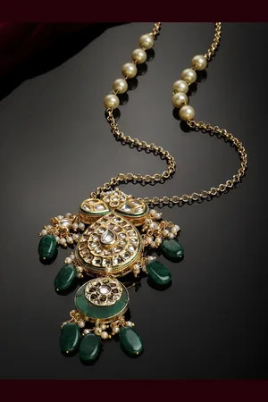 DUGRISTYLE Gold-Toned & Green Beads Sterling Silver Necklace