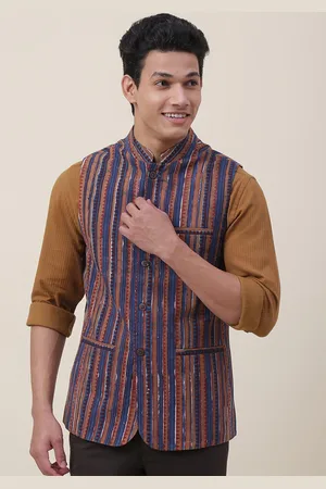 Fabindia Men Blue & Brown Striped Cotton Nehru Jackets