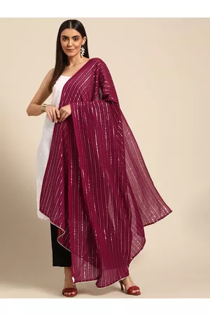 anayna Maroon & White Striped Pure Cotton Dupatta with Gotta Patti