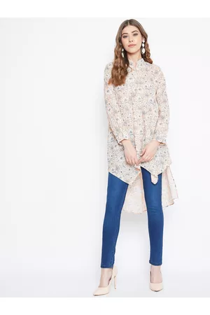 Berrylush Beige Floral Printed Crepe Shirt Style Top