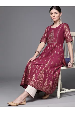 Biba Women Maroon & Golden Ethnic Motifs Printed Regular Sleeves Anarkali Kurta