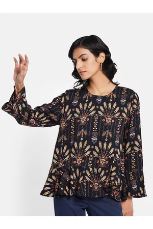 Fabindia Women Black Abstract Printed Pure Cotton Top