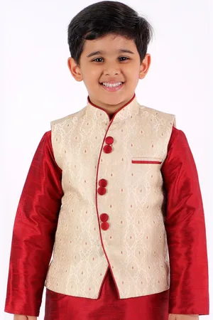 YK Boys Beige & Maroon Woven-Design Slim-Fit Nehru Jacket