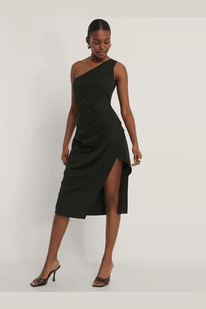 NA-KD Women Black Solid One Shoulder Side Slit Sheath Midi Dress