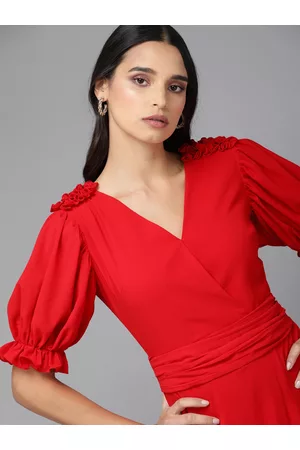 MISH Women Red Solid Puffed Sleeve Wrap Dress with Ruffles