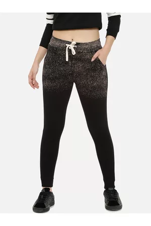 Campus Women Black & Beige Textured Straight-Fit Joggers