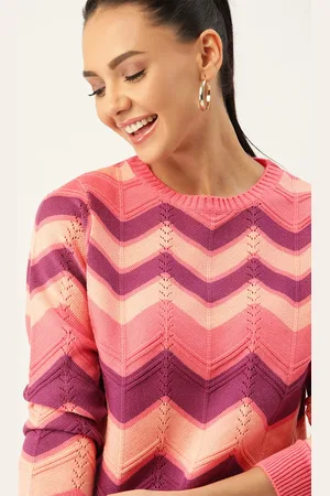 DressBerry Women Peach-Coloured & Purple Chevron Striped Pullover