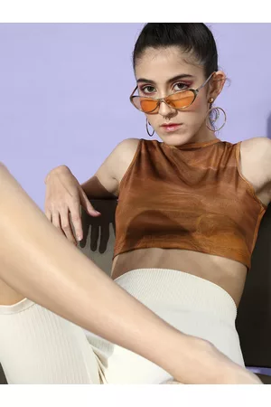 KASSUALLY Women Brown Tie and Dye Cropped Top