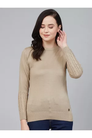 Cayman Women Beige Solid Pullover Acrylic Sweater