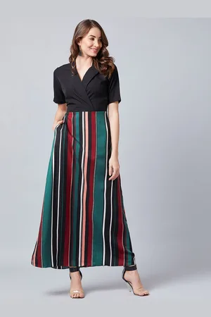ATHENA Women Striped Black Wrap Maxi Dress