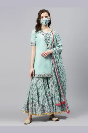 Biba Women Blue Pink Yoke Design Kurti with Sharara Dupatta