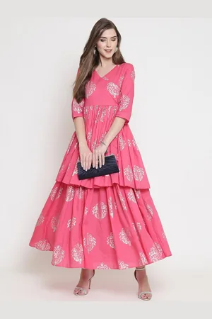 Sera Pink & Silver Ethnic Motifs Print Tiered Angrakha Style Maxi Dress