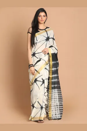 Indethnic White & Black Tie and Dye Pure Cotton Saree