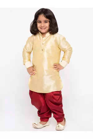 Vastramay Boys Gold-Toned Solid Silk Blend Regular Kurta With Dhoti Pants