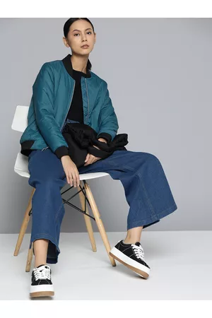 Ether Women Teal Blue Solid Bomber Jacket