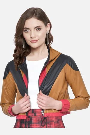 Martini Women Brown Colourblocked Water Resistant Crop Bomber Jacket