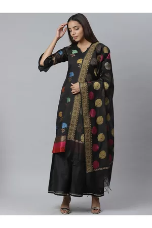 Chhabra 555 Women Black Woven Design Handloom Chanderi Kurta with Sharara & Dupatta