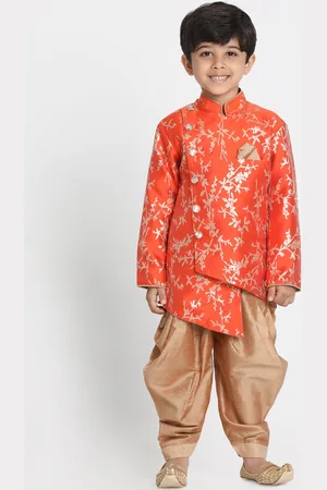 Vastramay Boys Orange & Gold-Coloured Printed Slim-Fit Sherwani Set