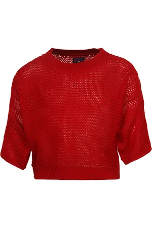 Cayman Girls Red Self Design Woollen Pullover