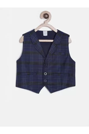 MINI KLUB Boys Blue & Grey Checked Single-Breasted Waistcoat