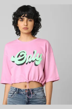ONLY Women Pink Printed Drop-Shoulder Sleeves T-shirt