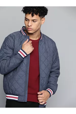 Indian Terrain Men Blue Melange Solid Bomber Jacket