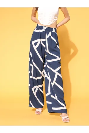 Berrylush Women Navy Blue Geometric Roman Column Trousers