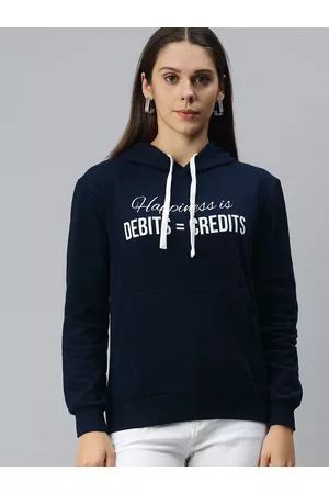 Campus Women Navy Blue Printed Hooded Pullover Sweatshirt