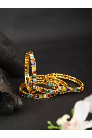 Priyaasi Set Of 4 Multicoloured Gold-Plated Stone-Studded Handcrafted Bangles