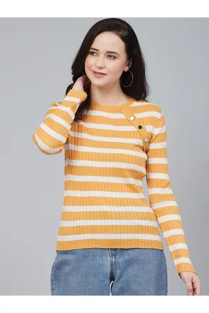 Cayman Women Mustard Yellow & White Acrylic Striped Pullover