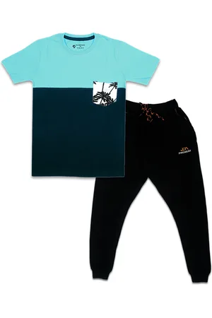 Silver Fang Boys Blue & Black Colourblocked T-shirt With Pyjamas