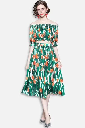 JC Collection Women Green & Orange Printed Top with Skirt