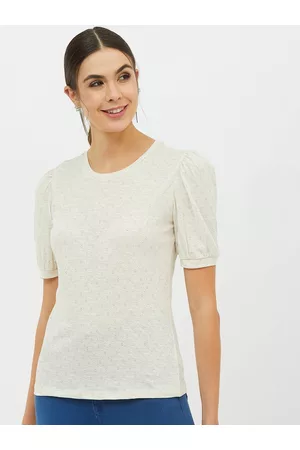 Harpa Women White Solid Round Neck T-shirt