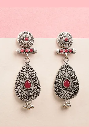 Indi INSIDE Pink Teardrop Shaped Silver Plated Oxidised Drop Earrings