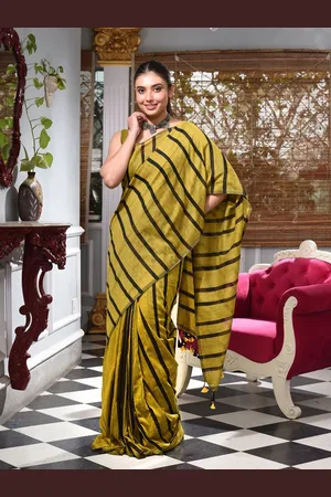 Charukriti Mustard & Black Striped Handwoven Pure Cotton Saree