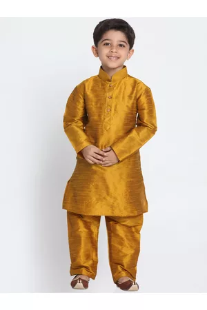 Vastramay Boys Mustard Yellow Solid Cotton Silk Kurta with Churidar