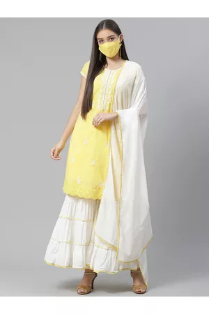 Biba Women Yellow White Chikankari Embroidered Pure Cotton Kurta Set